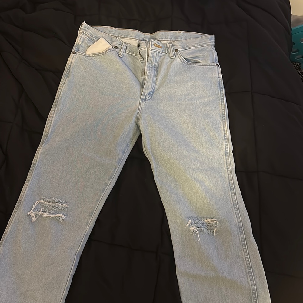 Men’s cowboy cut wranglers (distressed feminine look)